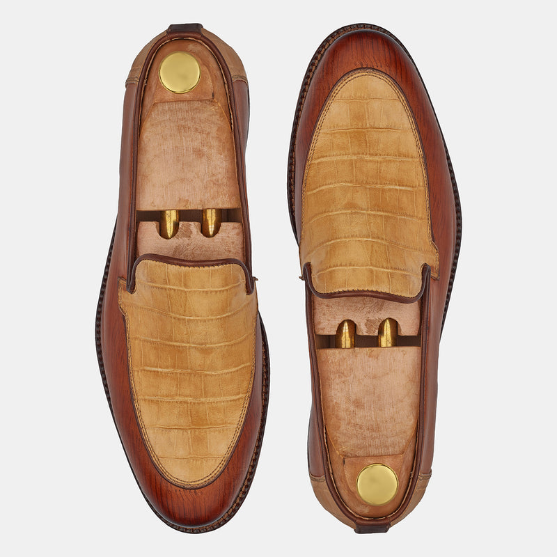 Yellow And Brown Jones Croc Leather Loafers